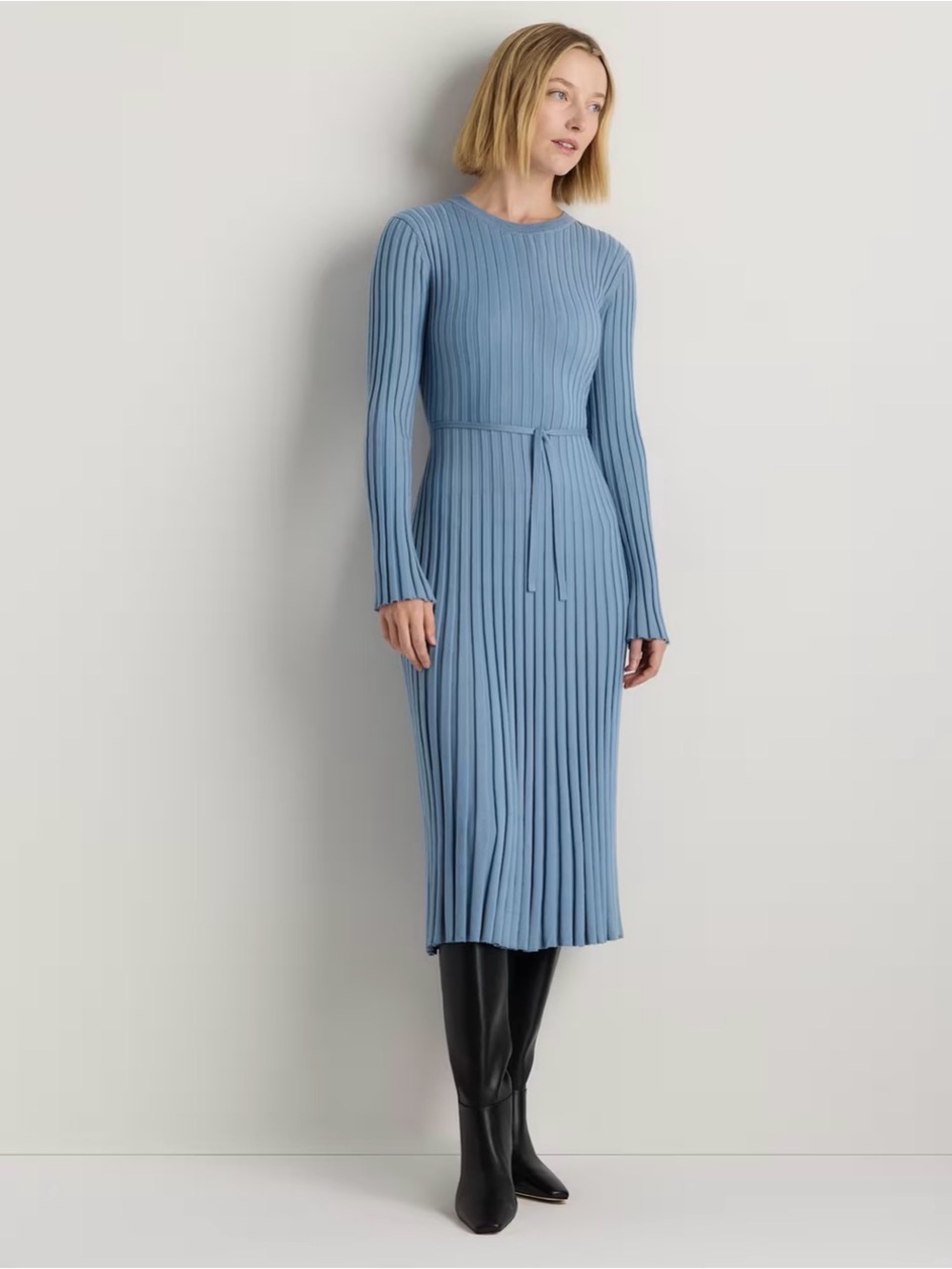 QUINCE Cotton Cashmere Ribbed Long Sleeve Crew Midi Dress Size XS